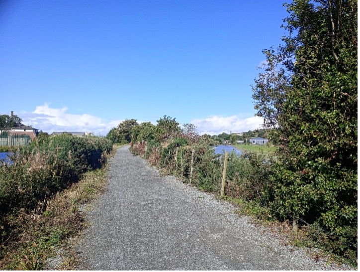 Photograph of a gravel route flanked by dense green bushes and trees under a clear blue sky. The path extends into the distance with water visible on the right side and some buildings in the background.
