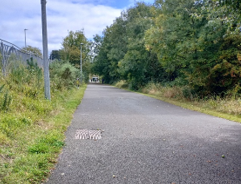 Photograph of a greenway route bordered by green grass and dense trees under a partly cloudy sky. A metal grate is visible on the road surface, with a utility pole and fencing along the left side.